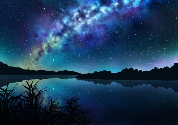 イラスト 1781x1250 と オリジナル さかなもどき highres night night sky reflection horizon no people landscape river milky way 植物 星