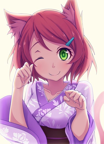 Anime picture 600x826 with original zeolch single tall image looking at viewer blush fringe short hair simple background smile white background green eyes animal ears upper body red hair tail traditional clothes japanese clothes animal tail one eye closed