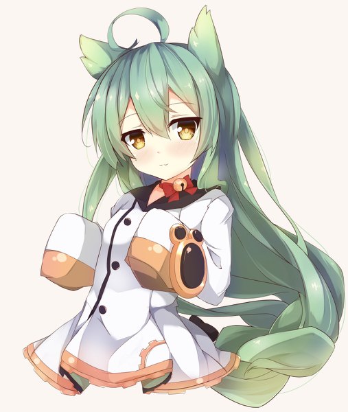 Anime picture 1014x1200 with azur lane akashi (azur lane) fuuna single long hair tall image looking at viewer blush fringe simple background hair between eyes animal ears yellow eyes payot ahoge upper body long sleeves hair over one eye aqua hair bell collar