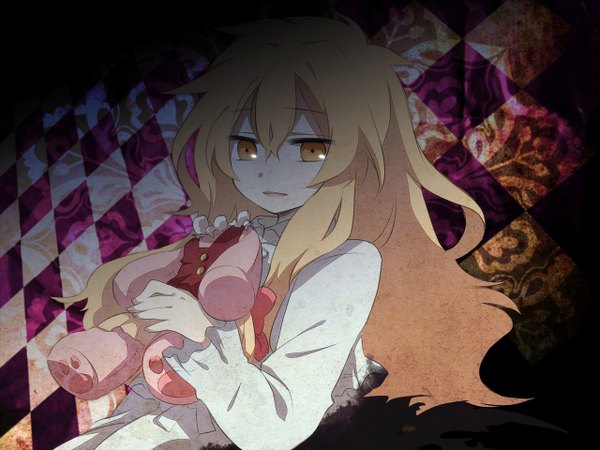 Anime picture 1280x960 with black rock shooter izuriha kagari aplerichi single long hair looking at viewer blonde hair yellow eyes checkered background girl shirt toy stuffed animal