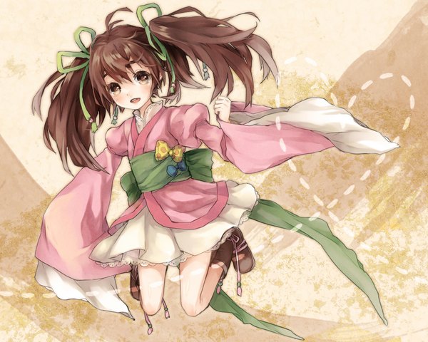 Anime picture 1000x800 with original siting zeng ameiro (artist) single long hair looking at viewer blush open mouth brown hair twintails brown eyes ahoge long sleeves jumping girl ribbon (ribbons) hair ribbon boots short kimono