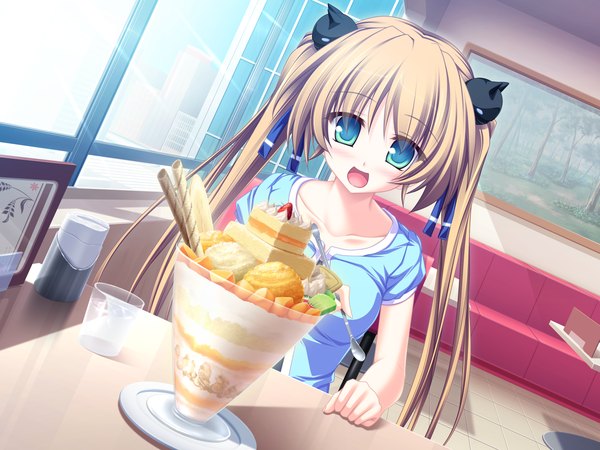 Anime picture 1600x1200 with suzukaze no melt hisagihara ui tenmaso long hair open mouth brown hair twintails green eyes game cg girl food sweets ice cream
