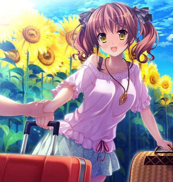 Anime picture 1280x1350 with natsu no iro no nostalgia moonstone orikuchi miu yamakaze ran tall image blush short hair open mouth brown hair twintails yellow eyes game cg girl dress flower (flowers) bow hair bow sunflower suitcase