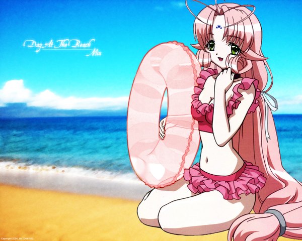 Anime picture 1280x1024 with dears miu (dears) single looking at viewer holding green eyes pink hair sky very long hair inscription beach happy horizon summer girl navel sea lace lifebuoy