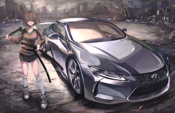 Anime picture 1935x1260 with original toyota koh (minagi kou) single looking at viewer highres short hair breasts brown hair large breasts standing holding brown eyes payot pleated skirt sunlight sparkle shadow ruins girl