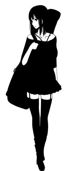 Anime picture 909x2000 with original rur (ml ruru) single tall image fringe short hair black hair simple background hair between eyes white background holding looking away full body parted lips black eyes monochrome walking girl thighhighs dress