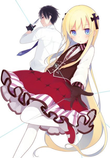 Anime picture 723x1033 with hase neet long hair tall image looking at viewer short hair blue eyes black hair blonde hair white background girl dress boy gloves hair ornament shirt necktie knife