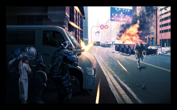 Anime picture 1800x1120 with original rias-coast highres short hair wide image standing ass city glowing crying running battle war girl armor gun building (buildings) fire ground vehicle helmet