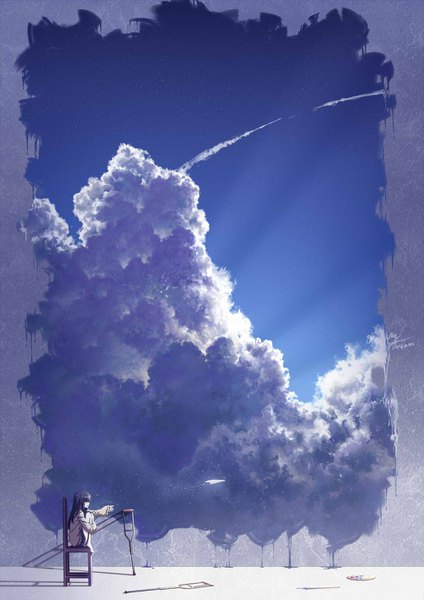 Anime picture 1000x1414 with original arsh single long hair tall image fringe black hair sitting sky cloud (clouds) profile painting girl chair paper airplane