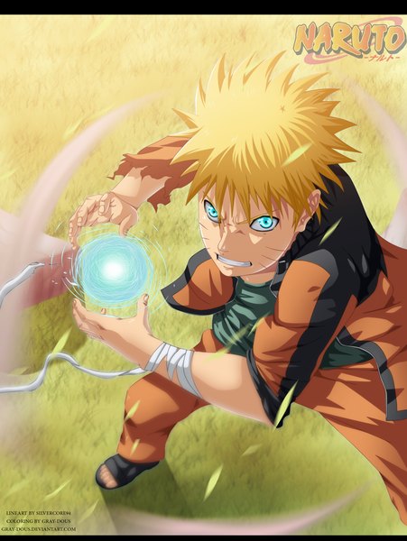 Anime picture 2000x2658 with naruto studio pierrot naruto (series) uzumaki naruto gray-dous single tall image highres short hair blonde hair aqua eyes from above sunlight inscription grin coloring magic facial mark whisker markings angry