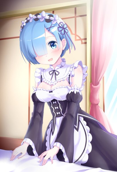 Anime picture 933x1370 with re:zero kara hajimeru isekai seikatsu white fox rem (re:zero) kyamu (qqea92z9n) single tall image blush short hair breasts open mouth blue eyes blue hair maid girl dress uniform detached sleeves frills headdress maid headdress