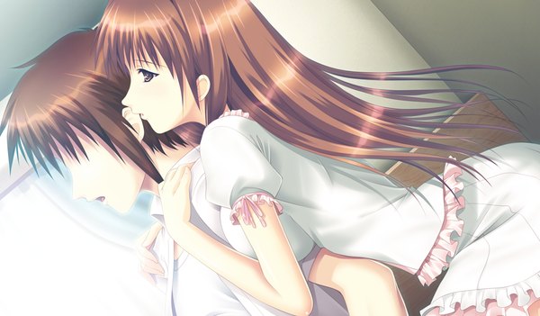 Anime picture 1024x600 with ping pong pantsu! yawaragi kanako long hair short hair brown hair wide image brown eyes game cg couple girl dress boy