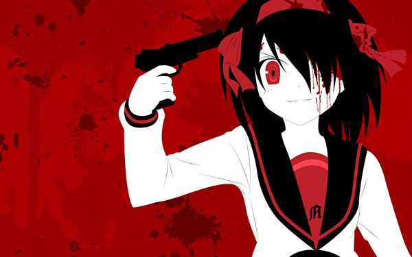 Anime picture 1680x1050 with suzumiya haruhi no yuutsu kyoto animation suzumiya haruhi wide image red background suicide girl serafuku gun