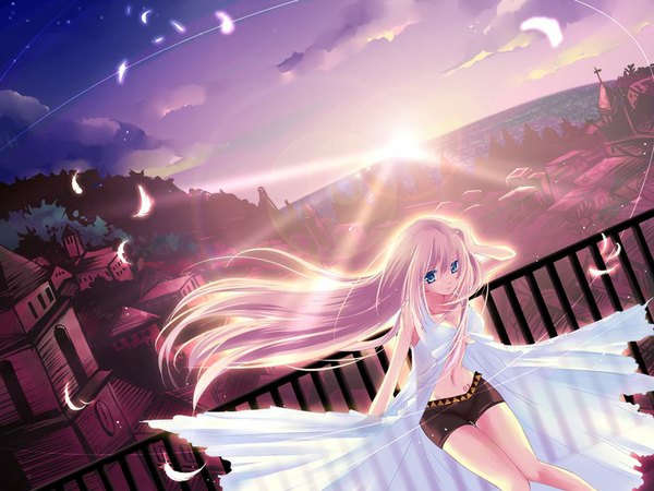 Anime picture 1024x768 with vocaloid megurine luka child-box single long hair breasts blue eyes looking away pink hair sky cloud (clouds) sunlight dutch angle city evening sunset girl dress shorts sea