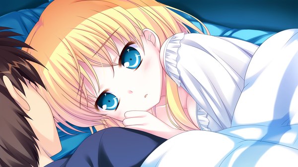 Anime picture 1280x720 with princess-style orfina von rubens yuyi long hair blue eyes blonde hair wide image game cg lying on side girl boy
