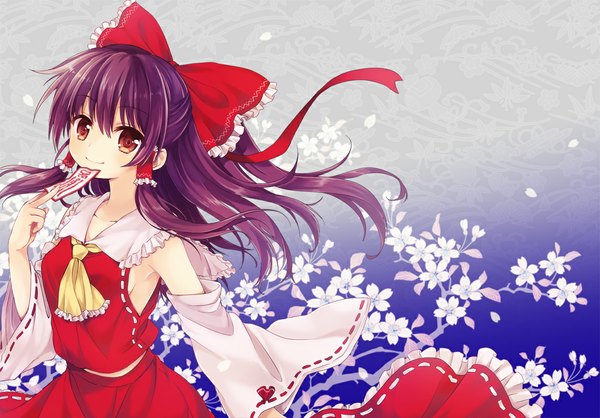 Anime picture 1146x800 with touhou hakurei reimu kona (canaria) long hair smile red eyes brown hair cherry blossoms miko girl skirt bow hair bow detached sleeves petals skirt set