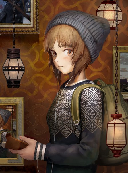 Anime picture 3200x4300 with girls und panzer nishizumi miho tomiya (tomiya2117) single tall image blush fringe highres short hair brown hair holding brown eyes looking away absurdres upper body indoors fingernails sleeves past wrists reflection recursion