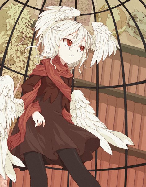 Anime picture 1039x1323 with original ikura hato single tall image short hair open mouth red eyes white hair indoors angel wings head wings girl plant (plants) pantyhose scarf book (books) skull red scarf cage library