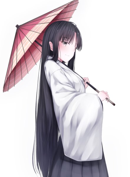 Anime picture 1120x1520 with kantai collection shouhou light aircraft carrier waterdog single long hair tall image looking at viewer blush fringe breasts black hair simple background smile white background holding traditional clothes japanese clothes profile wide sleeves grey eyes