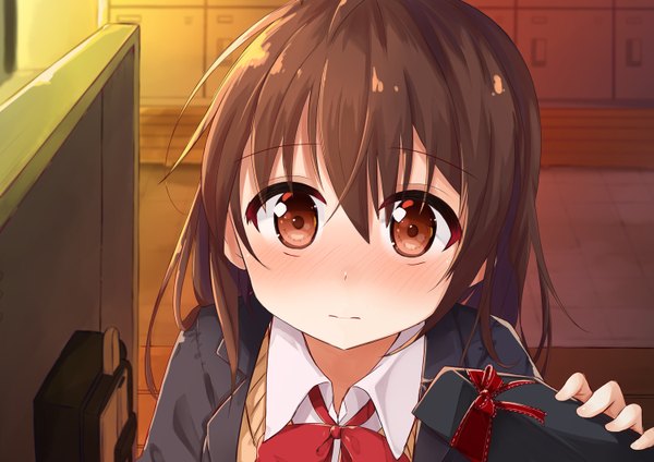 Anime picture 1500x1062 with original sasahara wakaba single long hair looking at viewer blush fringe hair between eyes brown hair holding brown eyes upper body indoors depth of field embarrassed close-up girl uniform school uniform bowtie