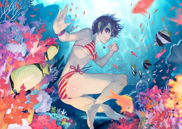 Anime picture 1280x905 with original temoshi (artist) short hair black hair purple eyes underwater girl swimsuit plant (plants) bikini water jewelry fish (fishes) coral