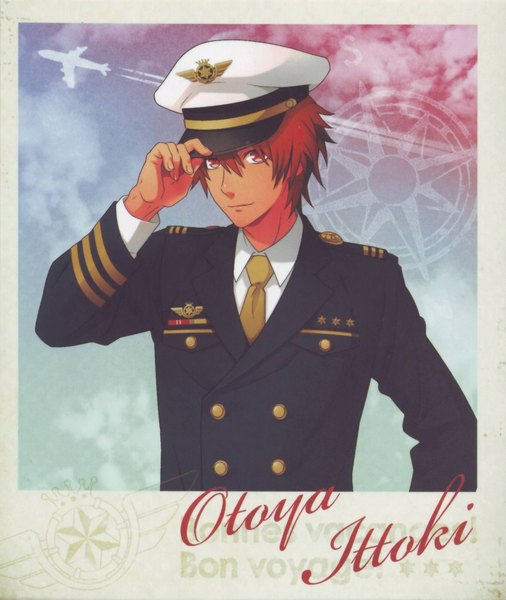 Anime picture 864x1024 with uta no prince-sama a-1 pictures ittoki otoya single tall image looking at viewer short hair smile red eyes sky cloud (clouds) red hair dark skin framed boy uniform shirt necktie peaked cap blazer