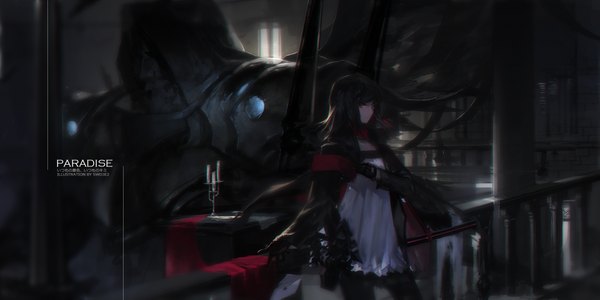 Anime picture 2126x1063 with original swd3e2 single long hair looking at viewer fringe highres black hair smile red eyes wide image standing signed indoors light smile open clothes open jacket floating hair text hieroglyph