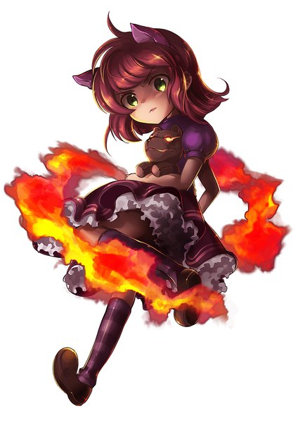 Anime picture 800x1132 with league of legends annie (league of legends) tibbers (league of legends) hamifr single tall image looking at viewer short hair simple background white background green eyes red hair girl thighhighs dress striped thighhighs