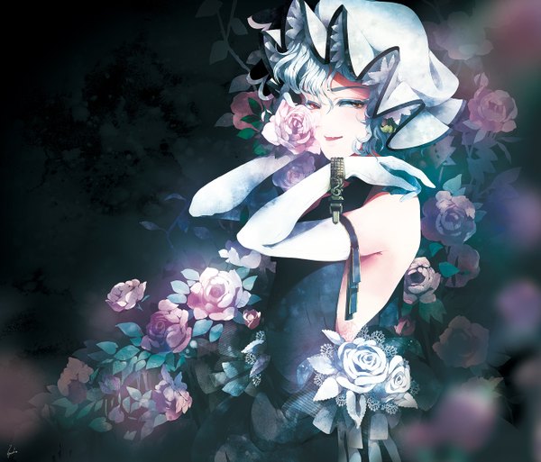 Anime picture 1377x1179 with touhou remilia scarlet pepepo (kyachi) single short hair bare shoulders blue hair teeth fang (fangs) heterochromia girl dress gloves flower (flowers) elbow gloves rose (roses) bonnet