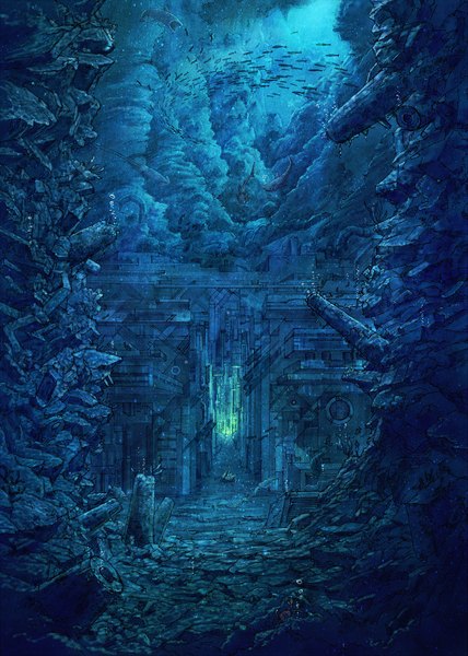 Anime picture 1471x2060 with original cola (pixiv) tall image underwater scenic ruins water bubble (bubbles) fish (fishes) crab shark squid