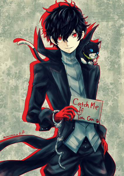Anime picture 905x1280 with persona 5 persona amamiya ren morgana (persona 5) kawasemi sumika single tall image looking at viewer fringe short hair black hair smile hair between eyes red eyes signed inscription grey background twitter username animal on shoulder boy