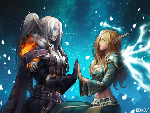 Anime picture 1000x750 with world of warcraft blizzard entertainment blood elf eirashard long hair blue eyes blonde hair green eyes silver hair ponytail profile lips pointy ears lipstick elf pale skin red lipstick girl boy gloves
