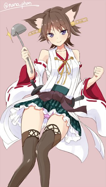 Anime picture 512x900 with kantai collection hiei battleship takehana note single tall image looking at viewer short hair light erotic simple background smile brown hair purple eyes bare shoulders animal ears pantyshot pink background kemonomimi mode nontraditional miko remodel (kantai collection) >:)