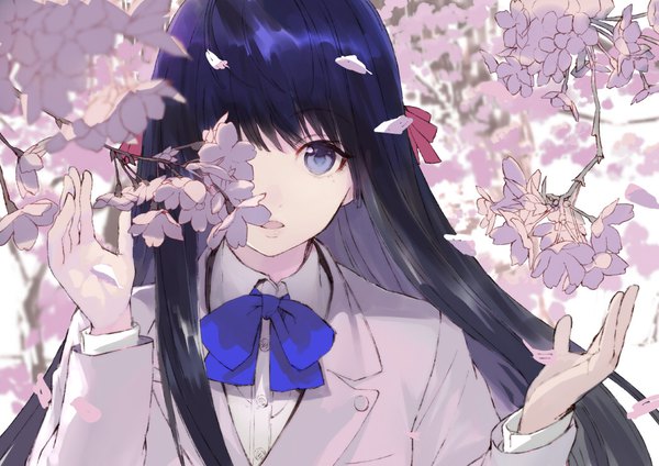 Anime picture 1046x740 with original shirabi single long hair looking at viewer fringe open mouth black hair upper body wind cherry blossoms covering eye (eyes) girl uniform ribbon (ribbons) hair ribbon school uniform petals bowtie branch