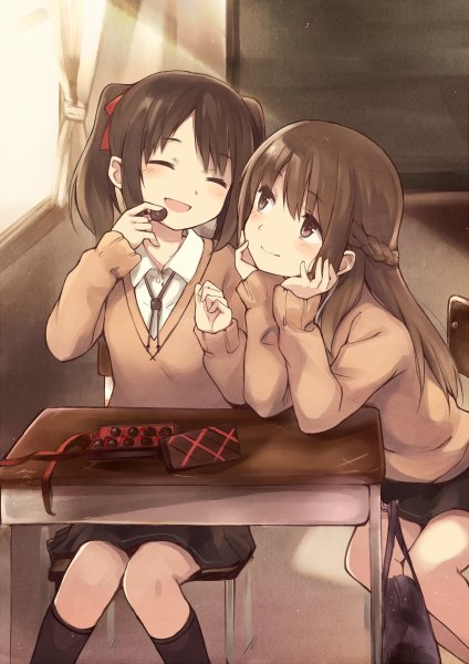 Anime picture 848x1200 with original kyuri long hair tall image blush short hair open mouth black hair smile brown hair sitting twintails multiple girls brown eyes eyes closed light smile couple short twintails looking up eating