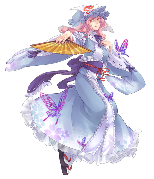 Anime picture 2100x2450 with touhou saigyouji yuyuko nakatani single tall image looking at viewer highres short hair open mouth pink hair pink eyes transparent background girl socks insect butterfly white socks bonnet fan