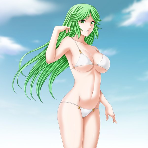 Anime picture 1600x1600 with kid icarus palutena tamamon single long hair looking at viewer breasts light erotic large breasts green eyes green hair groin girl navel swimsuit bikini