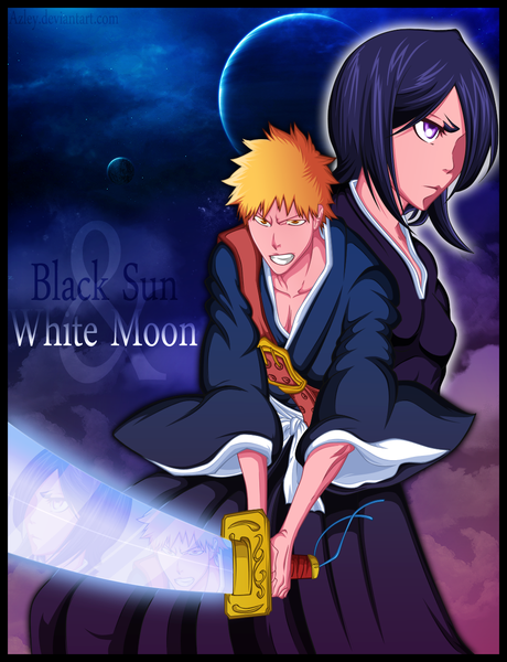 Anime picture 983x1280 with bleach studio pierrot kurosaki ichigo kuchiki rukia azley tall image fringe short hair purple eyes purple hair cloud (clouds) traditional clothes japanese clothes hair over one eye orange hair inscription night orange eyes night sky grin