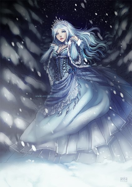 Anime picture 636x900 with original anikakinka single long hair tall image looking at viewer blue eyes standing cleavage parted lips lips aqua hair from below snowing winter snow eyeshadow girl dress plant (plants)