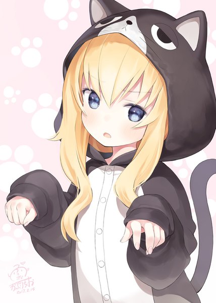 Anime picture 713x1000 with gabriel dropout doga kobo tenma gabriel white capriccio single long hair tall image looking at viewer blush fringe open mouth blue eyes blonde hair hair between eyes signed upper body tail nail polish animal tail fingernails