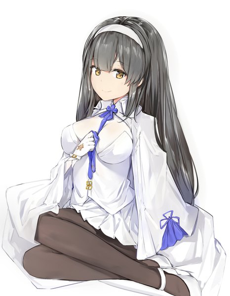 Anime picture 1400x1800 with original silver (chenwen) single long hair tall image looking at viewer blush fringe breasts black hair simple background smile hair between eyes large breasts white background sitting holding brown eyes full body bent knee (knees)
