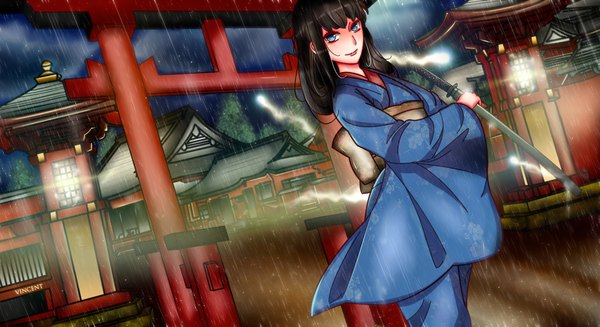 Anime picture 1980x1080 with original vince single long hair looking at viewer fringe highres blue eyes black hair wide image traditional clothes japanese clothes light rain glow gate girl weapon sword kimono
