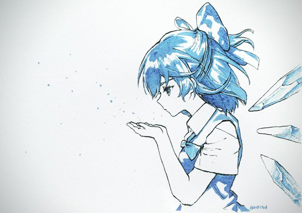 Anime picture 1698x1198 with touhou cirno ainy single short hair blue eyes signed blue hair looking away profile short sleeves monochrome traditional media blowing girl dress hair ornament bow hair bow wings