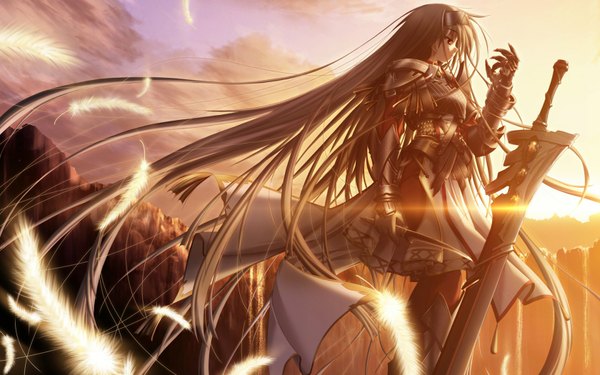 Anime picture 1680x1050 with primitive link purple software sione brown hair wide image sky very long hair profile evening sunset mountain girl weapon sword armor feather (feathers) cloak dagger