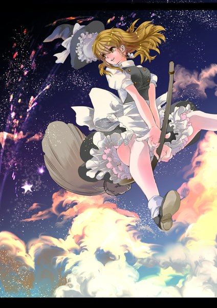 Anime picture 1500x2122 with touhou kirisame marisa tagme (artist) single long hair tall image blonde hair smile brown eyes looking away sky cloud (clouds) wind puffy sleeves letterboxed soles flying girl dress frills
