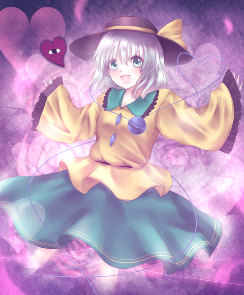 Anime picture 2400x2900 with touhou komeiji koishi kotonoman single tall image highres short hair open mouth green eyes white hair spread arms heart of string girl dress hat heart