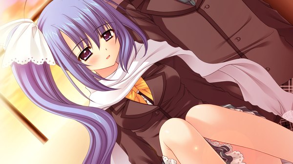 Anime picture 1280x720 with world wide love! (game) munemoto tsubakiko long hair blush wide image purple eyes blue hair game cg ponytail girl uniform school uniform