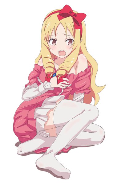 Anime picture 1000x1576 with eromanga sensei a-1 pictures yamada elf trg- (sain) single long hair tall image looking at viewer blush open mouth light erotic simple background blonde hair white background bare shoulders brown eyes full body pointy ears no shoes drill hair