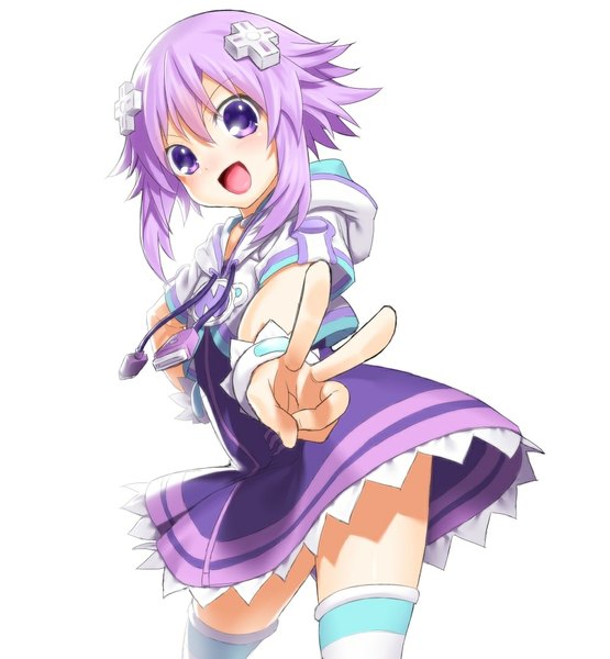 Anime picture 1000x1080 with choujigen game neptune neptune (choujigen game neptune) onsoku inu single tall image blush short hair open mouth simple background white background purple eyes purple hair girl thighhighs hair ornament striped thighhighs