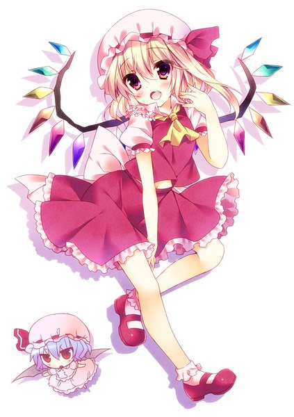 Anime picture 772x1095 with touhou flandre scarlet remilia scarlet sorai shin'ya tall image blush fringe short hair open mouth simple background blonde hair smile hair between eyes red eyes white background multiple girls payot blue hair looking away :d